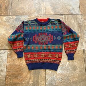 Men's Geometric Crewneck Sweater in Navy with Red & Green Accents
